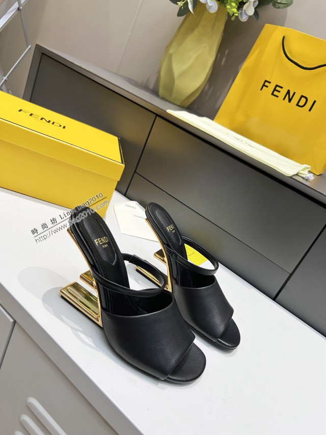 Fendi高跟涼拖鞋 芬迪First鞋 金色金屬斜對角F形立體鞋跟 dx3445